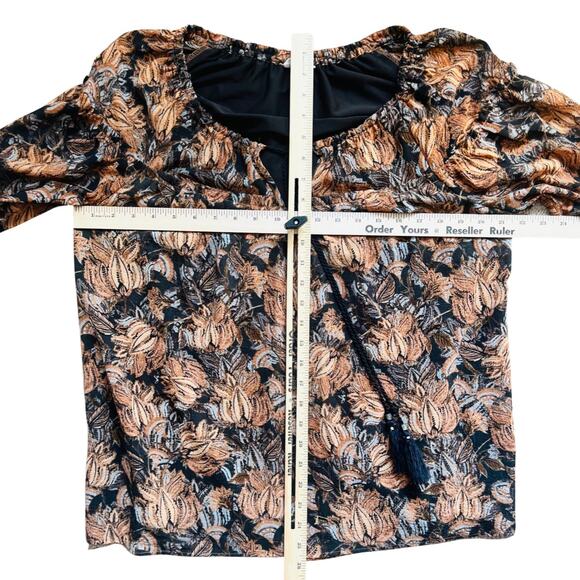 Jane and Delancey Orange Black Brown Peasant Ruffle Blouse Size L Boho Tassels - Picture 8 of 12